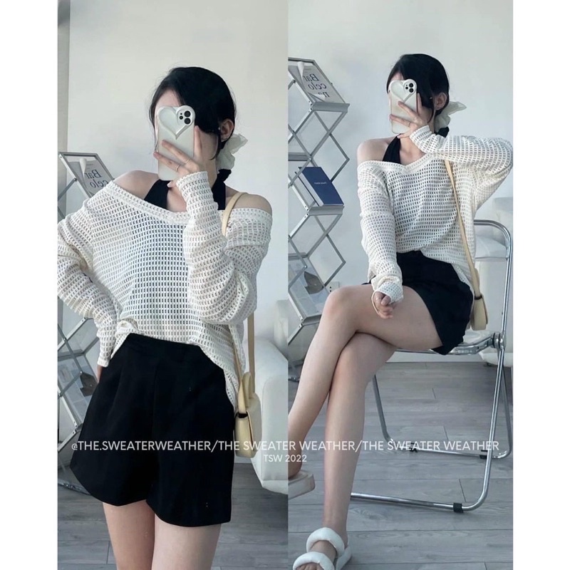 Set áo lưới kèm yếm dáng thụng oversize