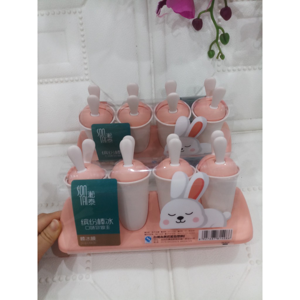 Sét khuôn 4 hộp (8 ngăn) làm kem - khuôn làm kem que, kem tươi bằng nhựa cao cấp hình tai thỏ cực kỳ dễ thương