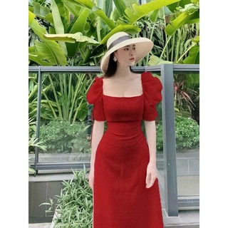 ( Kèm ảnh và video chính chủ) - ĐẦM MIDI CỔ VUÔNG TAY RÚT