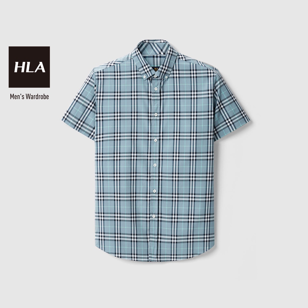 HLA - Áo Sơ Mi Nam Ngắn Tay Phối Sọc Caro Contrasting Plaid Short Sleeve Casual Shirt