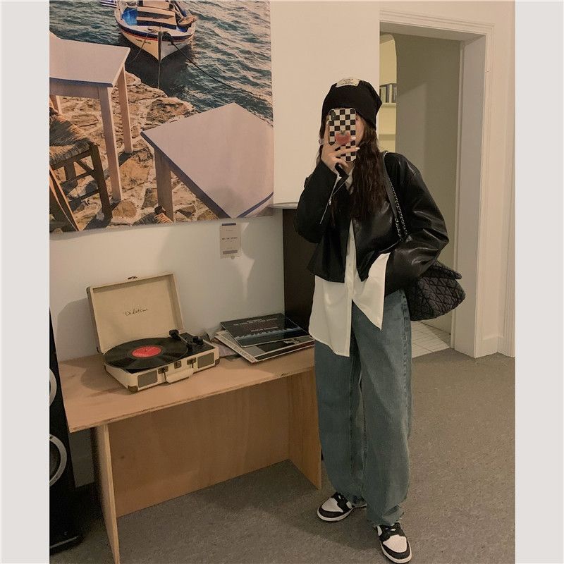 Áo Khoác Da Dáng Ngắn Rộng Cổ Chữ V Thời Trang Vintage 2022 Dành Cho Nữ