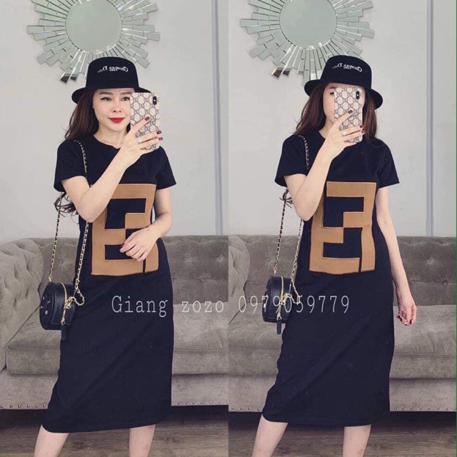 Váy suông  cotton nữ in chữ FF cổ tròn-ảnh thật trải sàn