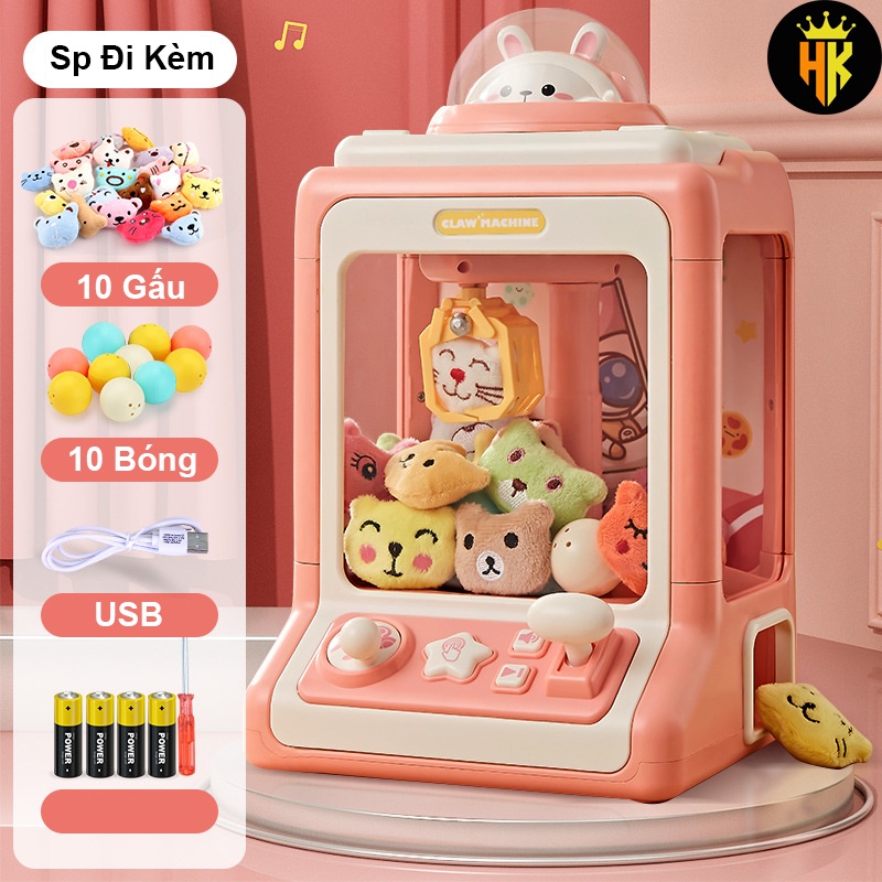 Máy Gắp Thú Mini Dành Cho Bé Kích Thước Lớn Kèm 10 Gấu Bông 10 Bóng, Có Nhạc Có Đèn Sẵn Nhiều Thú Bông Cho Trẻ Em
