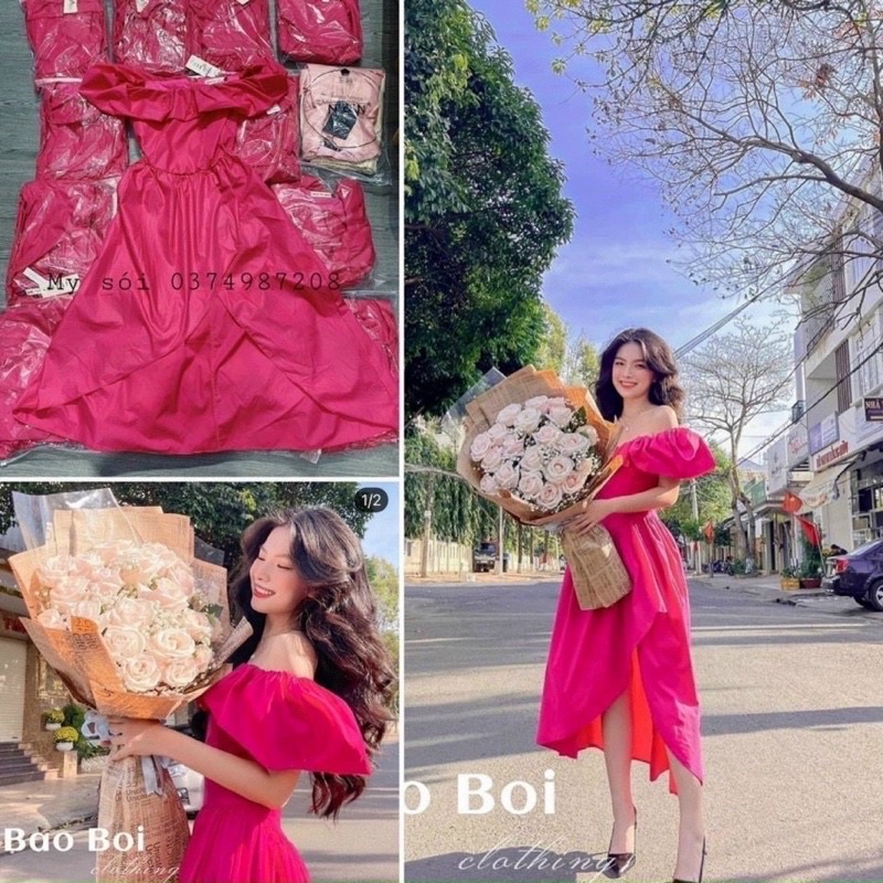 Đầm hồng trễ vai bèo tà xéo