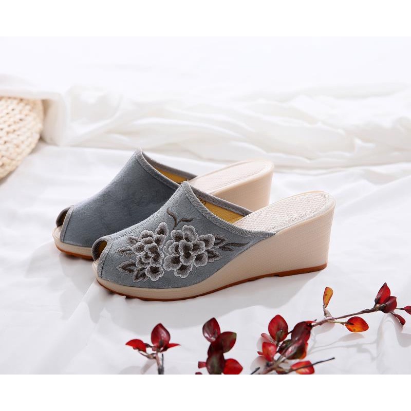 Giày Vải Jacquard Cotton Hở Mũi Thêu Họa Tiết Dân Tộc Bắc Kinh Cổ Điển Phong Cách Mới 2020 SliA7