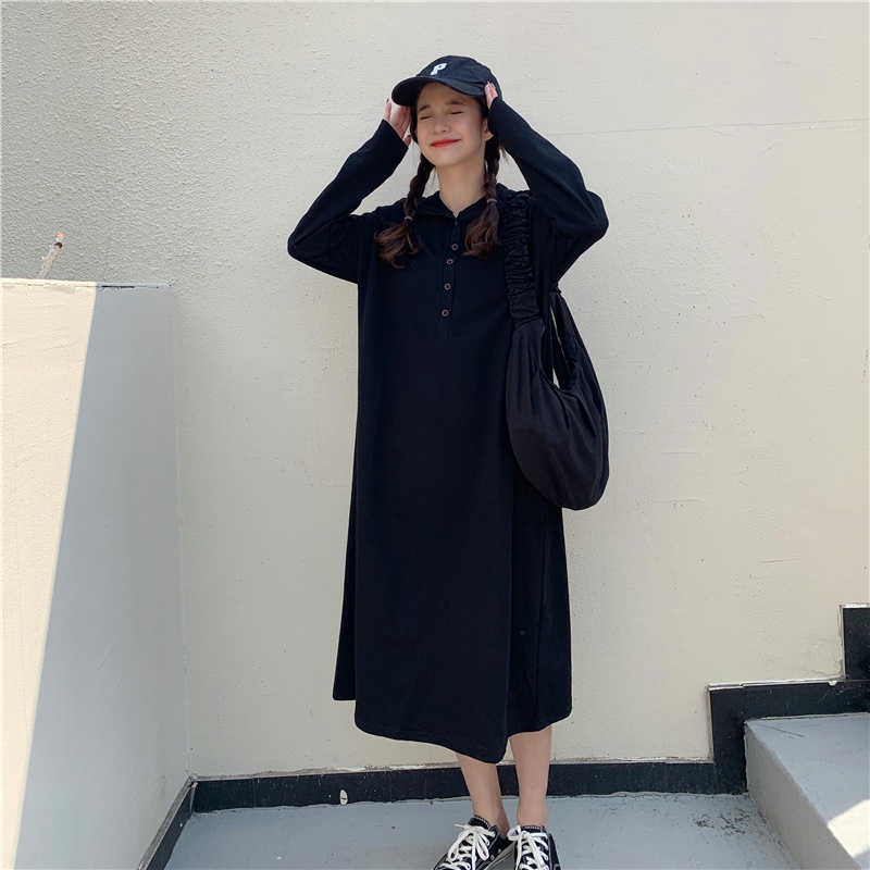 SUXI Đầm hoodie dài tay phong cách vintage Hàn Quốc cho nữ