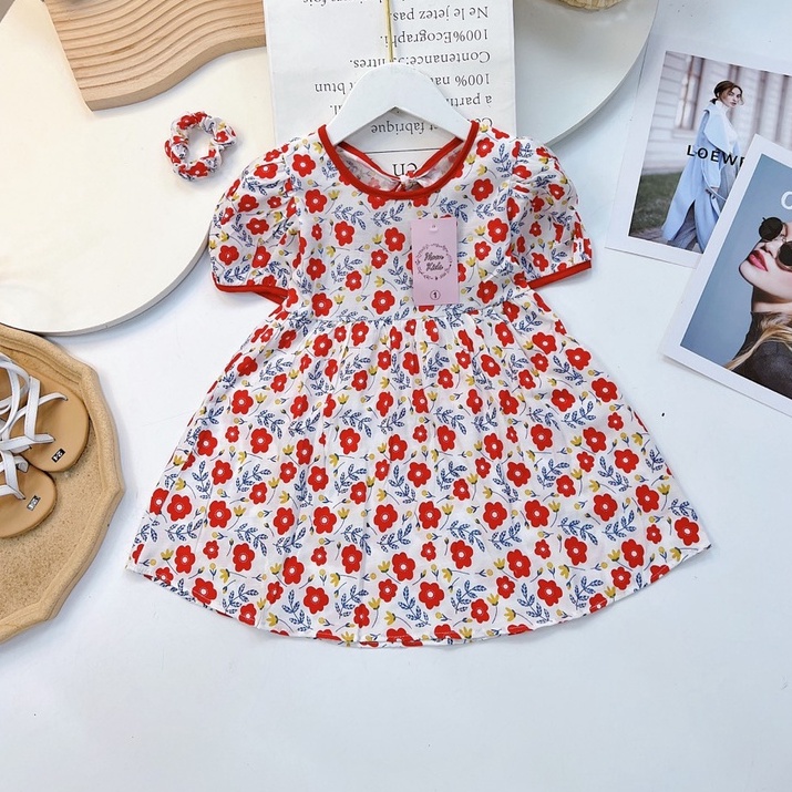 Váy hoa tay bồng dây buộc nơ lưng cho bé gái 8-20kg