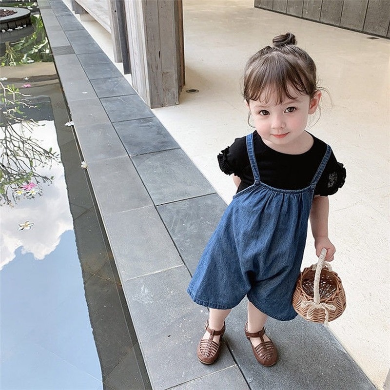 Quần Yếm Denim Ống Rộng Thời Trang Mùa Hè Hàn Quốc Mới Cho Bé Gái