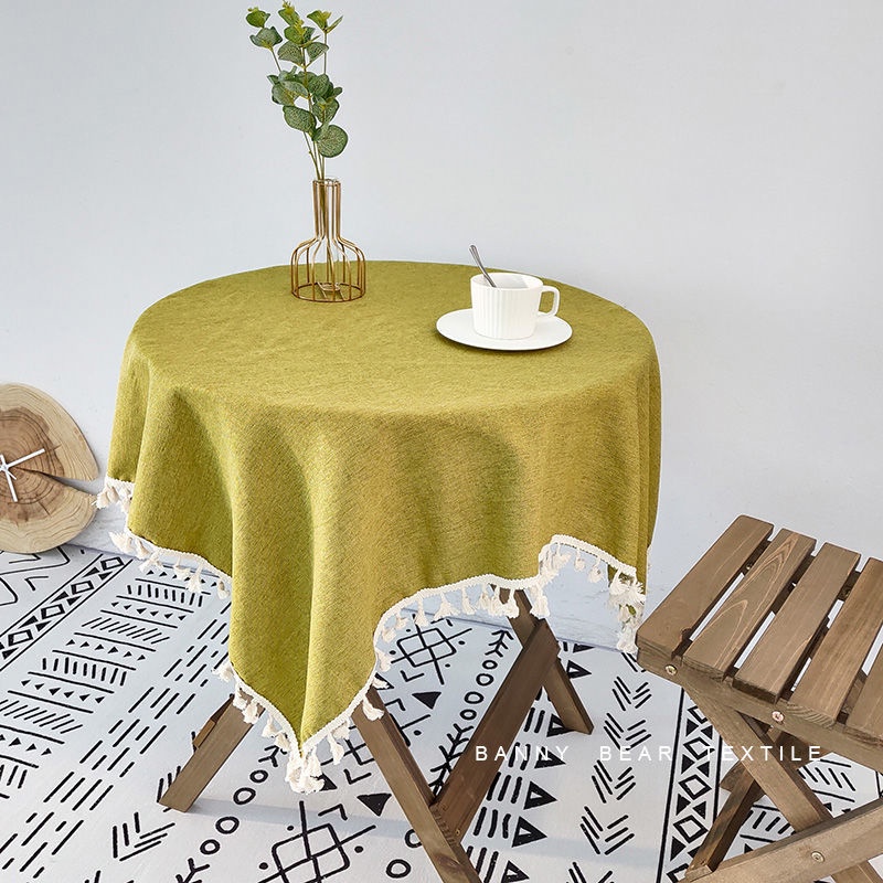 Khăn trải bàn hình vuông bằng vải cotton lanh phối tua rua màu sắc phong cách Bắc Âu