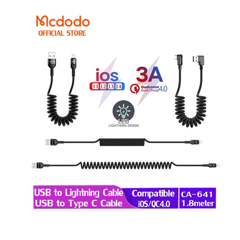 Cáp Sạc MCDODO Kiểu Dây Lò Xo Thông Minh Đầu Type C/Iphone Nguồn 2A Hỗ Trợ Sạc Nhanh QC4.0 Sử Dụng Cho Xe Hơi