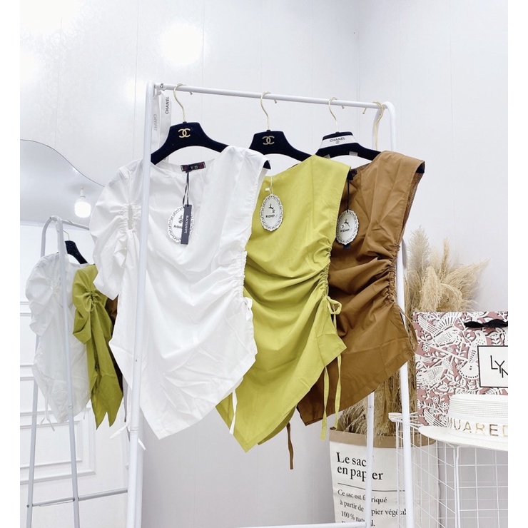 Áo kiểu nhún eo lệch vạt Áo sơ mi chất thô nến tiểu thư sang chảnh