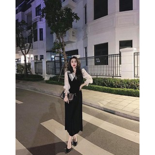 Váy pha cổ ren tay sơ mi