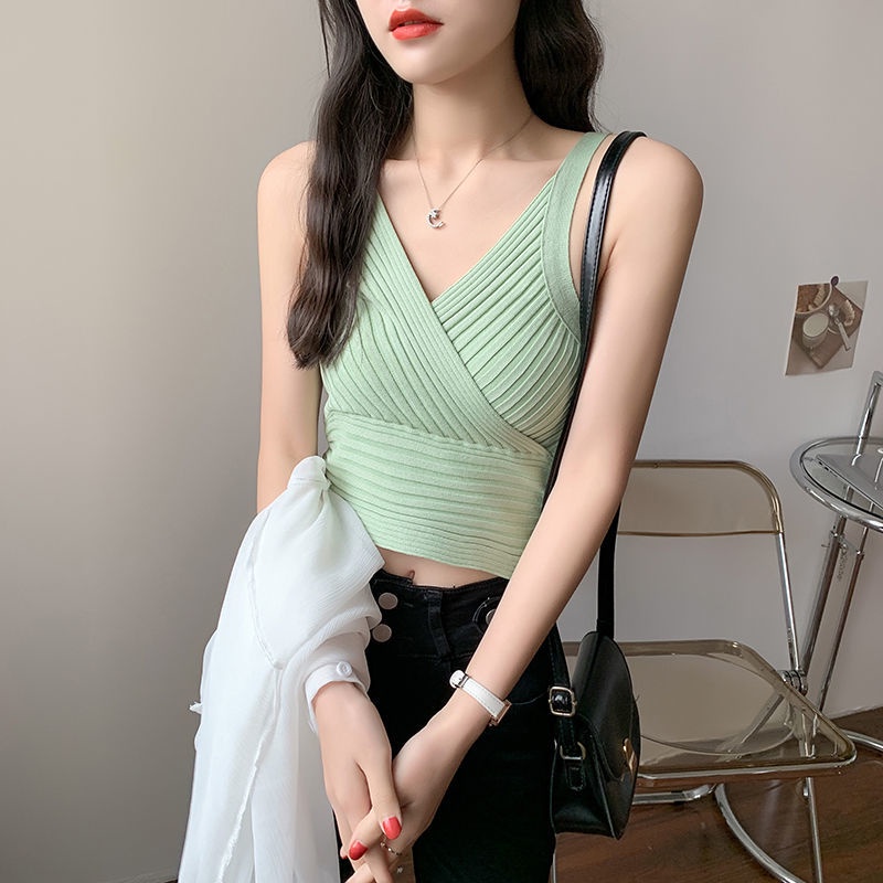 V Neck Tank Top Sleeveless Sexy Knit Top Fashion Women