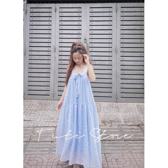 Đầm 2 dây cột nơ tiểu thư MOCHI DRESS xanh dương