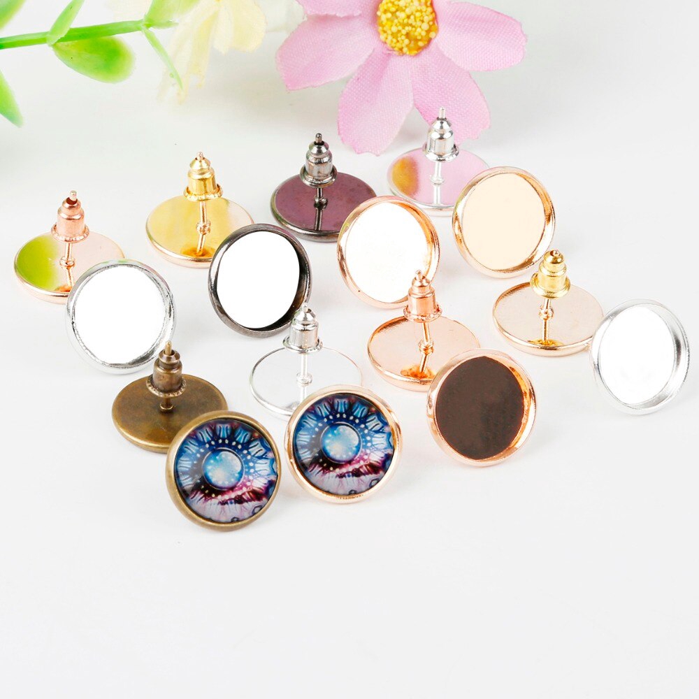 Bộ 50 khung khuyên tai / nút tròn trơn 14mm / kích thước đế 12mm mặt kính màu vàng / bạc / đồng