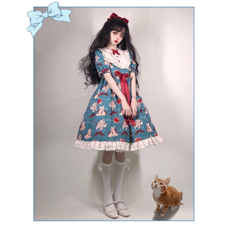 Váy đầm Lolita xanh meo cat ( sẵn )