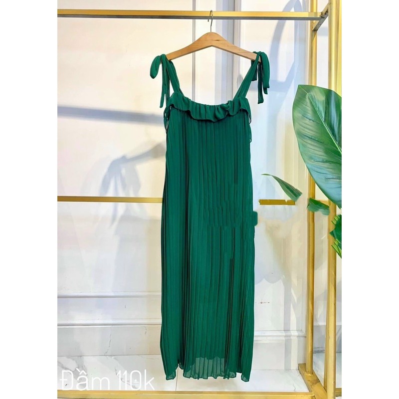 Đầm maxi hai dây dập ly cột nơ vai siêu hot hè ảnh thật