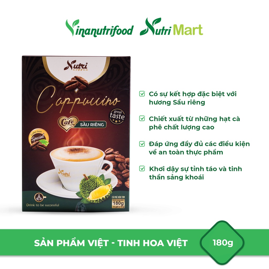 Cà phê capuchino sầu riêng Vinanutrifood C02, hương vị sầu riêng đặc trưng, giúp giải tỏa căng thẳng (15g x 12 gói)