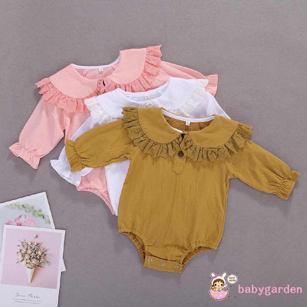 Áo liền quần cổ bèo dài tay dành cho bé gái từ 0-24 tháng tuổi