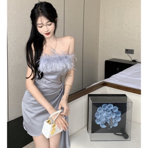 Đầm Satin Mỏng Cổ Gấp Eo Cao Gợi Cảm Mùa Hè Phong Cách Mới Kiểu Pháp Cho Nữ