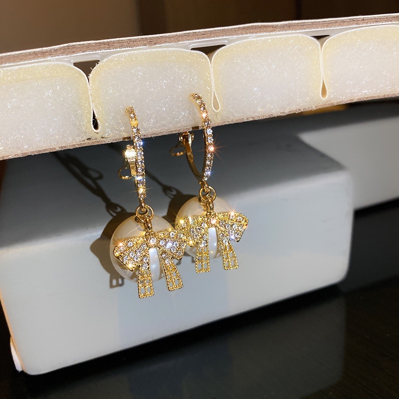 Bông Tai Hình Nơ Đính Ngọc Trai Đơn Giản Hàng Mới Dành Cho Bạn Nữ