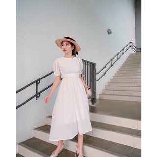 Đầm váy freesize trắng cổ tròn chéo eo