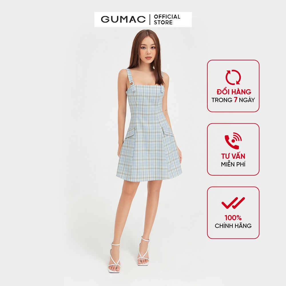 [Mã MABR07062 giảm 8% tối đa 50K đơn từ 249K] Đầm 2 dây nữ nắp túi GUMAC thiết kế công sở màu xanh DB5129
