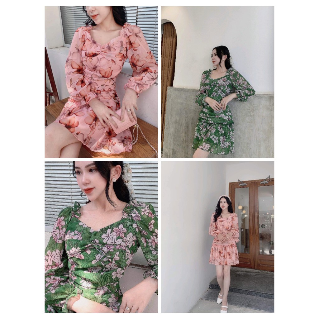 Đầm hoa body nhún eo hồng/xanh