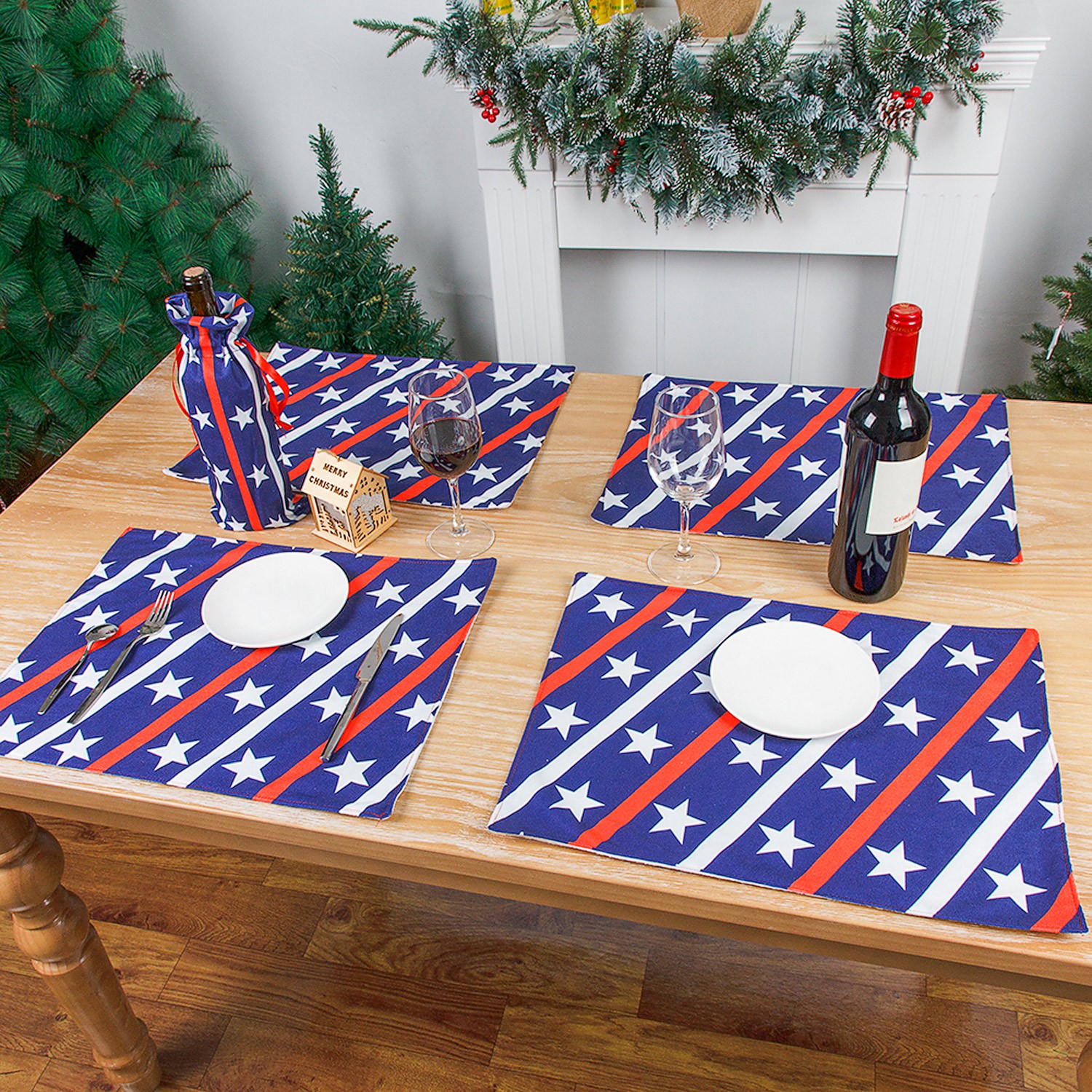 ☆YOLA☆ 4pcs/set Table Decor Independence Day Non-Slip Table Place Mats Placemats Heat-Resistant Kitchen Rectangle Washable American Flag