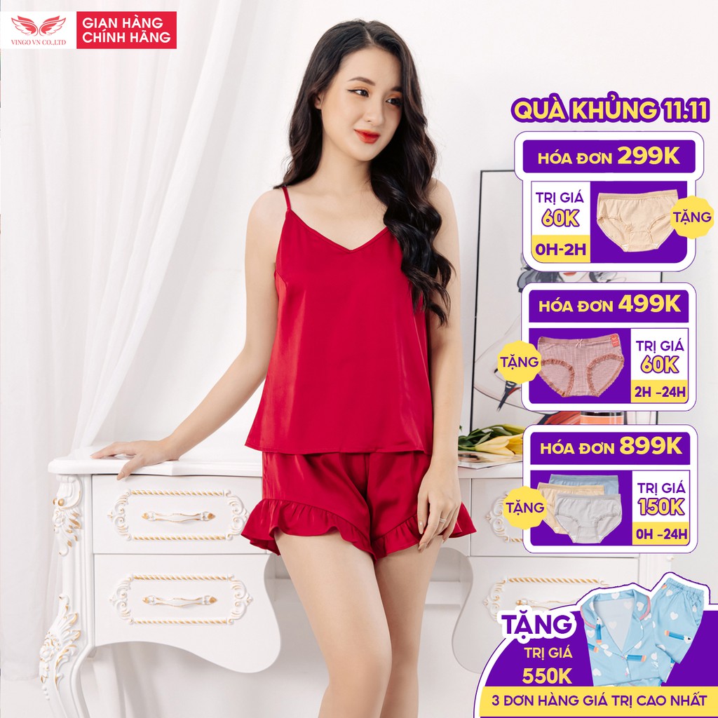 Đồ Bộ Nữ Mặc Ngủ Ở Nhà VINGO Lụa Pháp Trơn Cao Cấp Kiểu Áo 2 Dây Quần Cộc Dáng Xòe Nữ Tính Mùa Hè Thoáng Mát N248 VNGO
