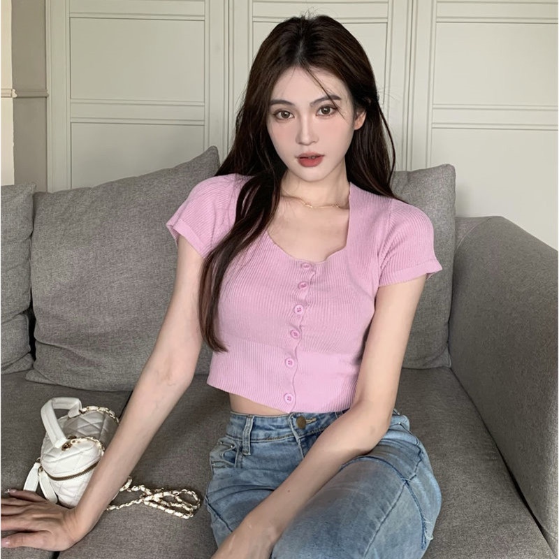 Áo Len Tay Ngắn Cổ Vuông Màu Sắc Ngọt Ngào Thời Trang Mùa Hè Cho Nữ