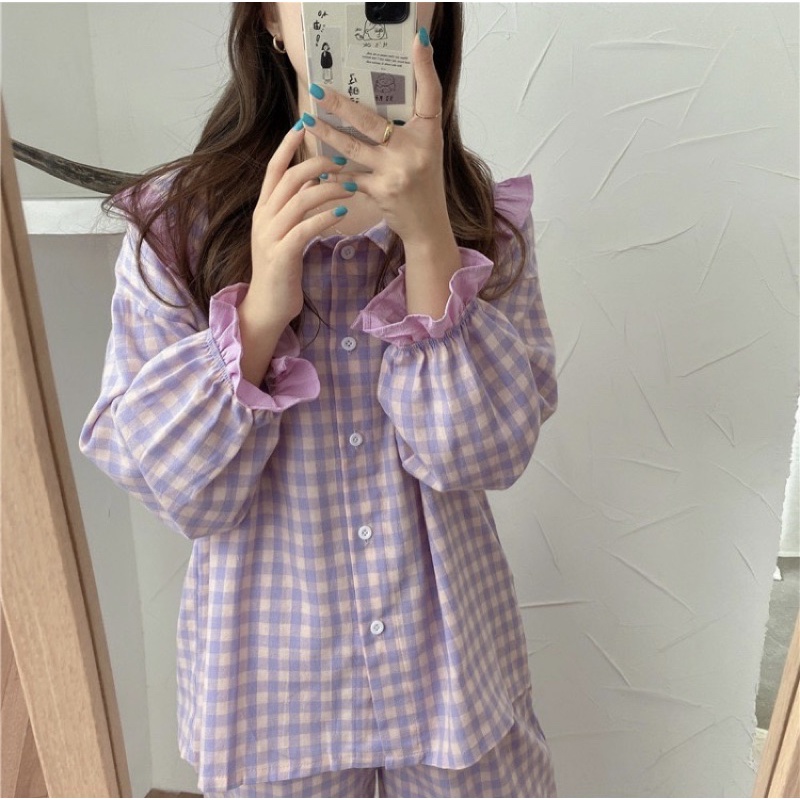 BN7_Bộ ngủ pijama, bộ đồ mặc nhà kẻ vàng vuông cổ bèo ulzzang Hàn quốc