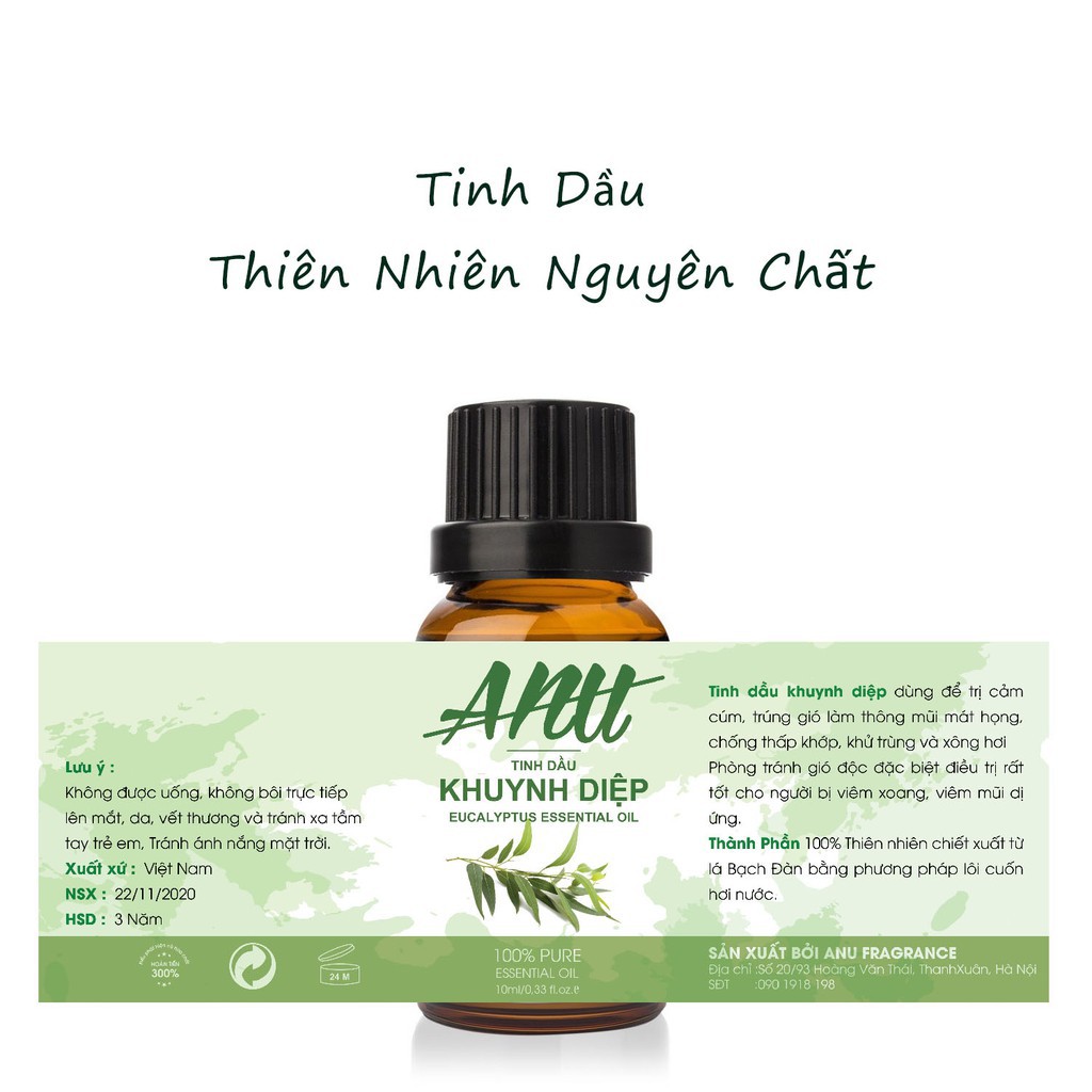 Tinh Dầu Khuynh Diệp Anu Fragrance | 100% Thiên Nhiên Nguyên Chất | Eucalyptus Essential Oil | Kiểm Nghiệm Qua