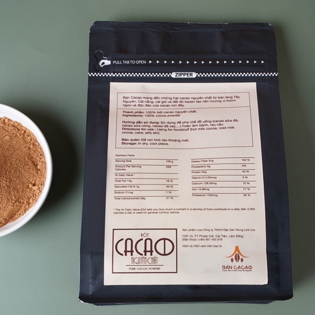 Bột cacao nguyên chất Tỷ lệ bơ 20%  , không đường, không chất phụ gia - Túi 500g