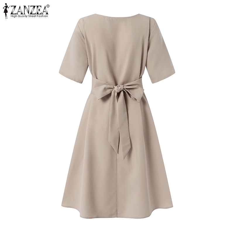 Đầm midi ZANZEA tay ngắn cổ chữ V dáng rộng có dây thắt lưng thời trang dành cho nữ