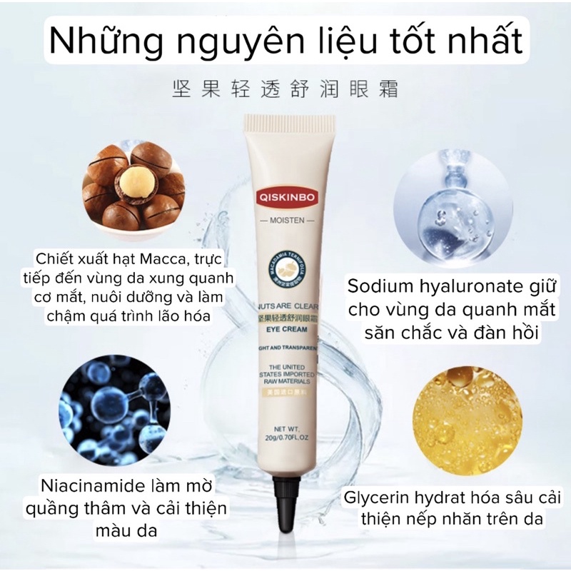 Kem mắt Qiskinbo 20g Dưỡng ẩm và giữ ẩm, giảm quầng thâm và nếp nhăn dưới mắt, dưỡng ẩm vùng mắt