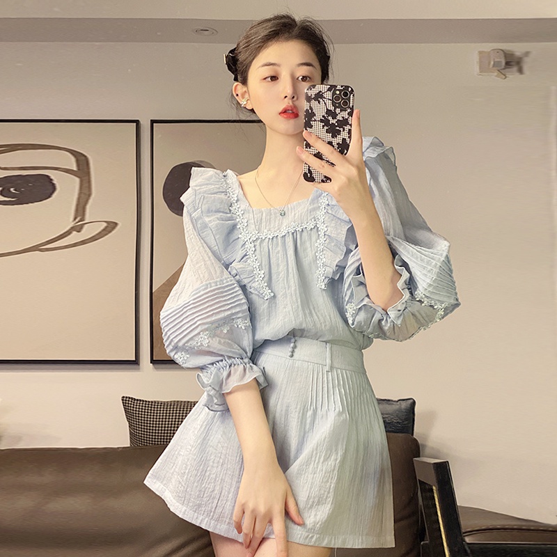 Set Áo Sơ Mi Tay Dài Cổ Vuông Phối Bèo Xinh Xắn + Quần Short (hàng od)