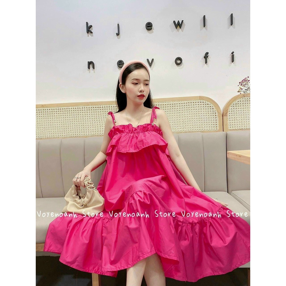 Đầm 2 dây tiểu thư dáng xòe, đầm maxi dáng dài cột nơ vai đi biển