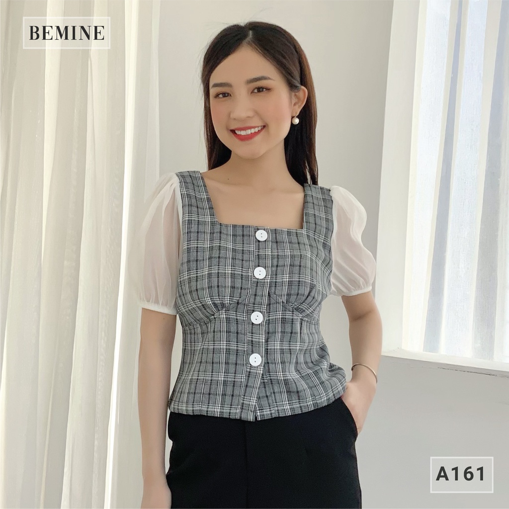 Áo kiểu cổ vuông tay phối trắng BEMINE A161DEN