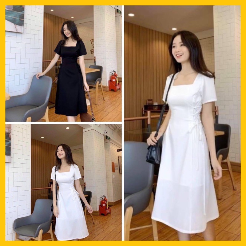 Đầm dạ hội Đầm xoè dang dài cổ vuông đan dây eo, 2 màu trắng/đen hàng đẹp cao cấp - SHOPLORA