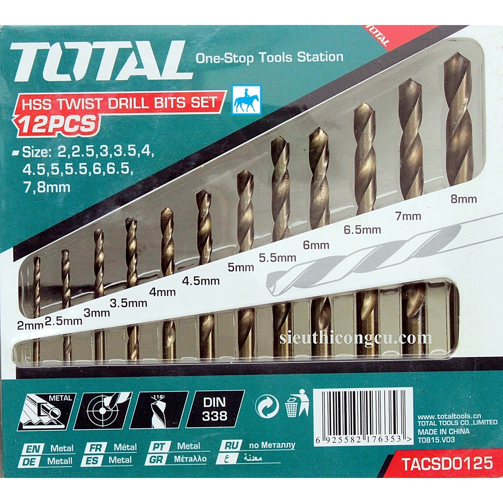 TOTAL BỘ 12 MŨI KHOAN KIM LOẠI 2mm tới 8mm TACSD0125 akdb1125