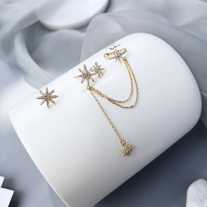 Khuyên Tai Chuỗi Xích Kẹp Vành Tai Không Đối Xứng Mạ Bạc 925 Hình Lục Giác Cho Bạn Gái