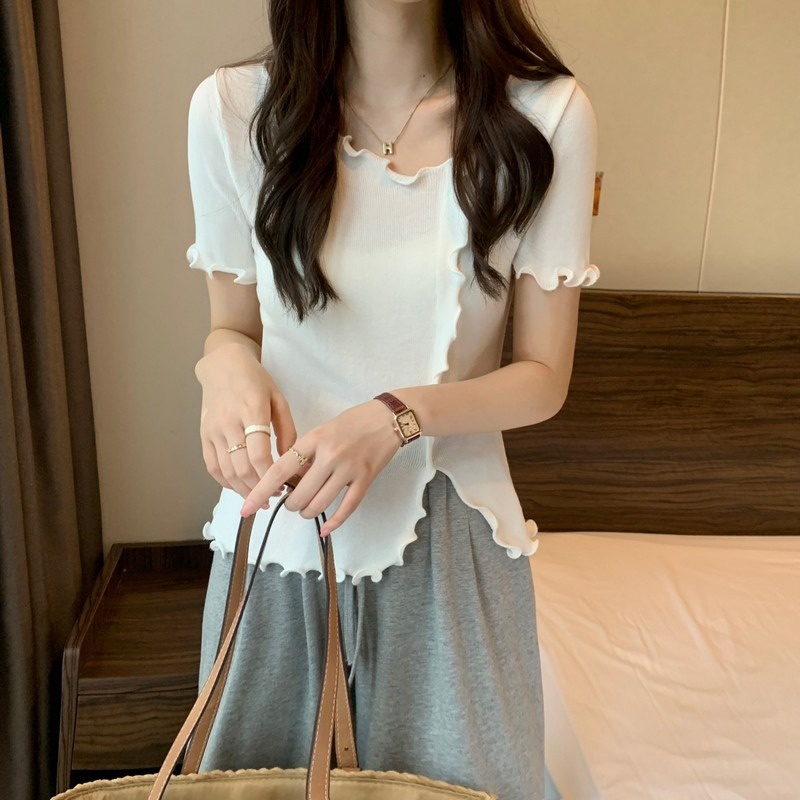 Áo thun ZHELIHANGFEI dệt kim ngắn tay xẻ tà phối bèo dễ thương cho nữ