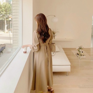 Đầm thu đông thanh lịch màu kem tay dài thắt eo (kèm hình thật)