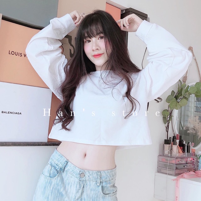 Áo thun croptop cổ tròn tay dài basic đen trắng ( sp y hình 100% )