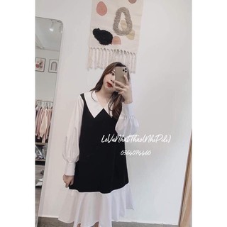 Váy phối đen trắng cổ vạt