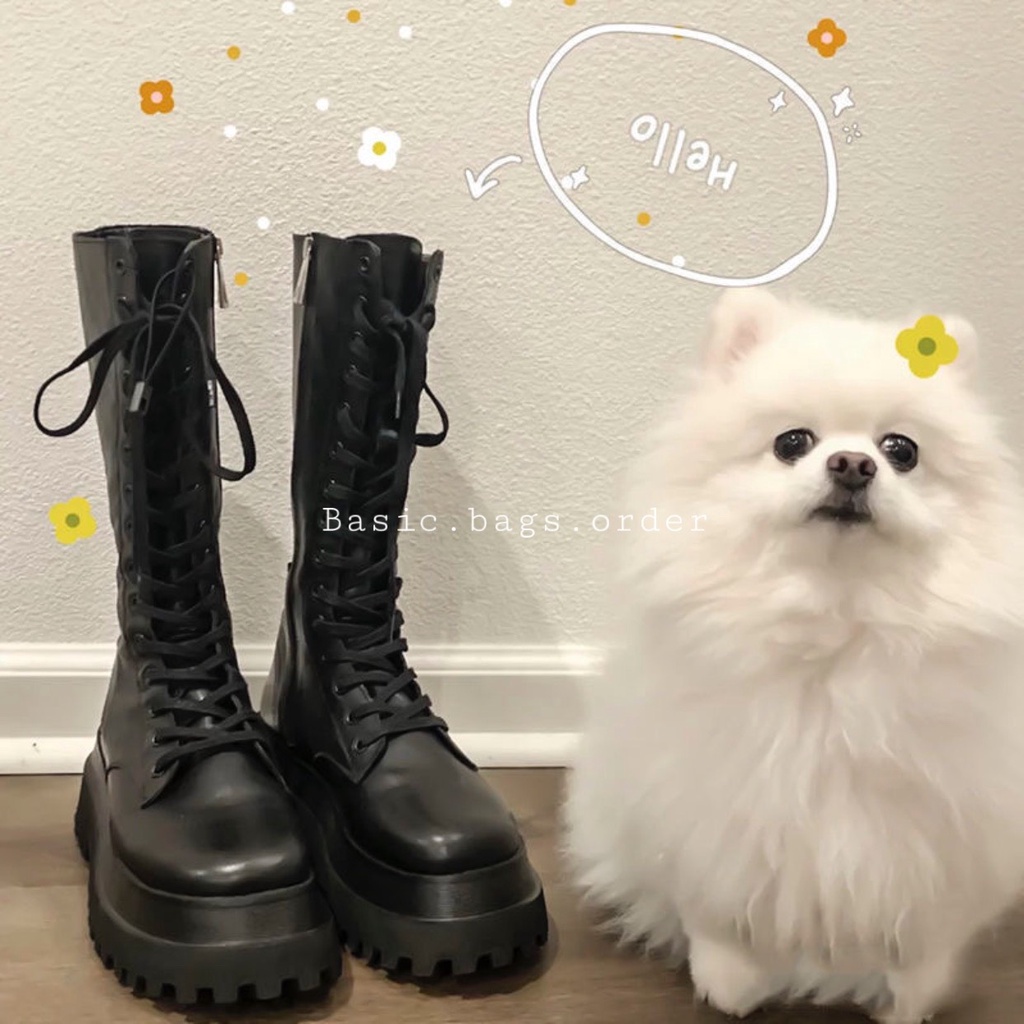 Giày bốt chiến binh đế bánh mì có dây buộc khoá kéo đằng sau thời trang