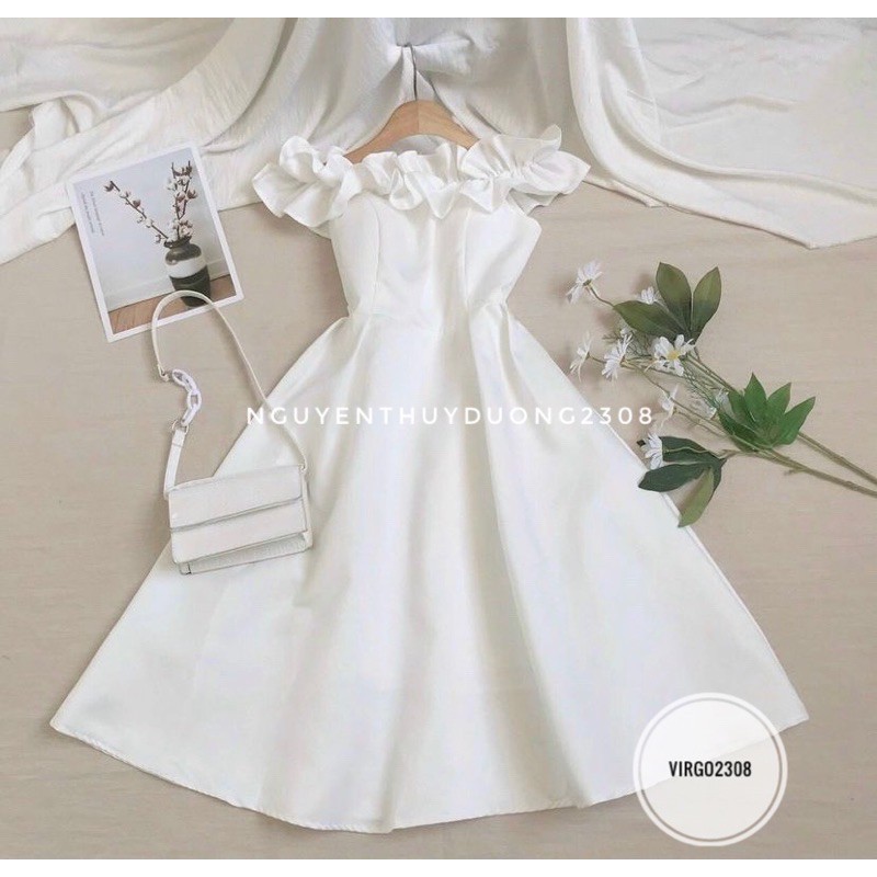 [Ảnh thật/Sẵn]Váy bèo trễ vai trắng có đệm ngực tiểu thư/Đầm dự tiệc trắng xinh xắn