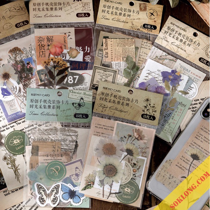 Sticker hoa và tranh/ thiệp vintage Sổ KLONG, sitcker hình tag list tùy chọn trang trí bullet journal