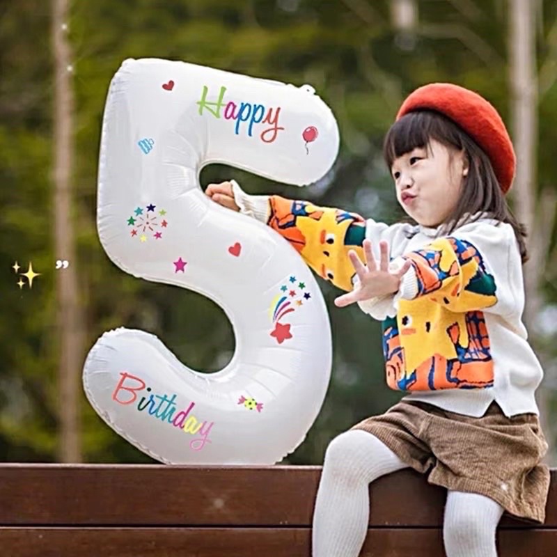 Bóng số tuổi màu trắng cỡ lớn 70cm kèm sticker Happy Birthday